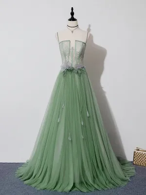 Green Tulle Lace Long Prom Dress, Green Tulle Evening Dress, 3