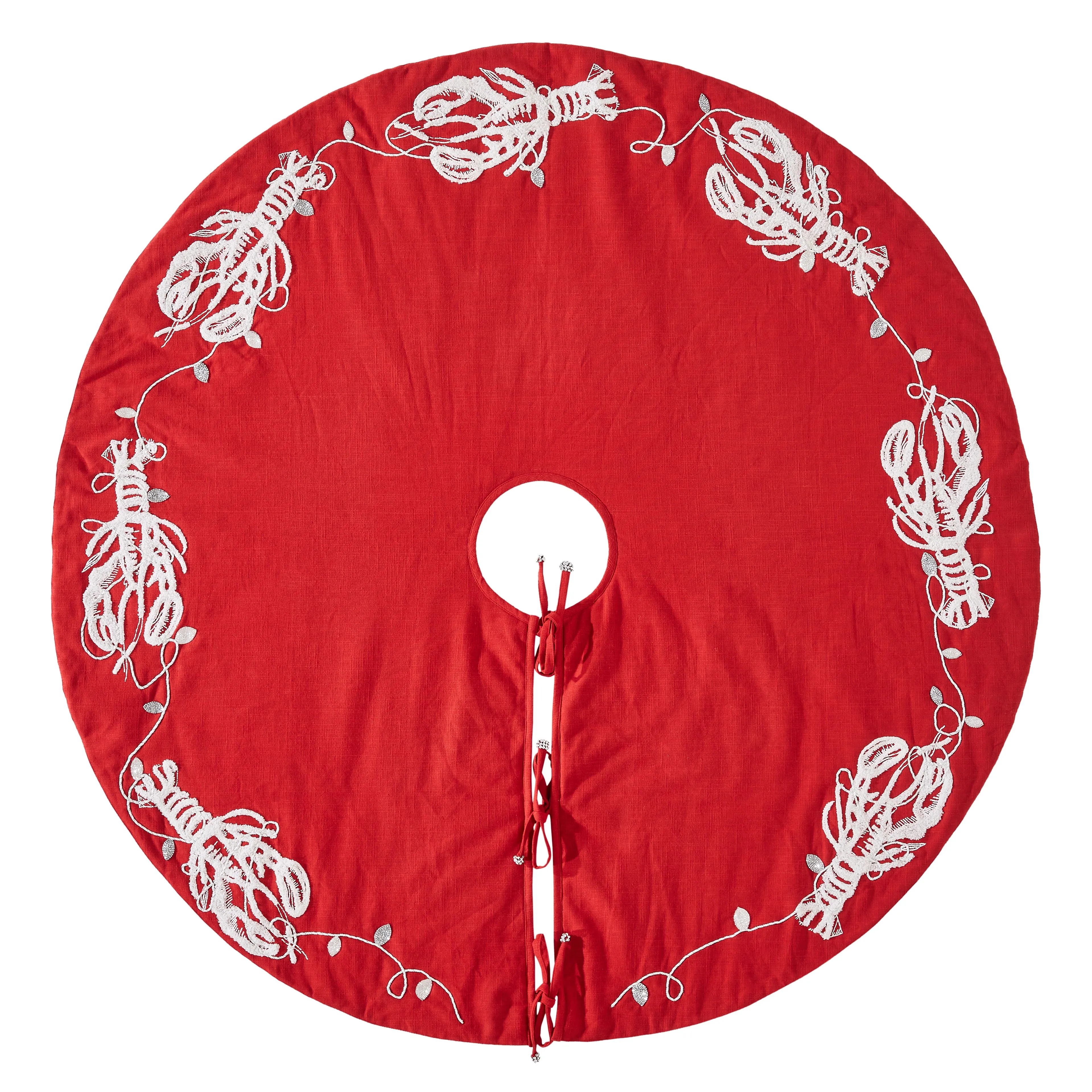 Handmade Christmas Tree Skirt - Lobsters on Red Cotton - 60"