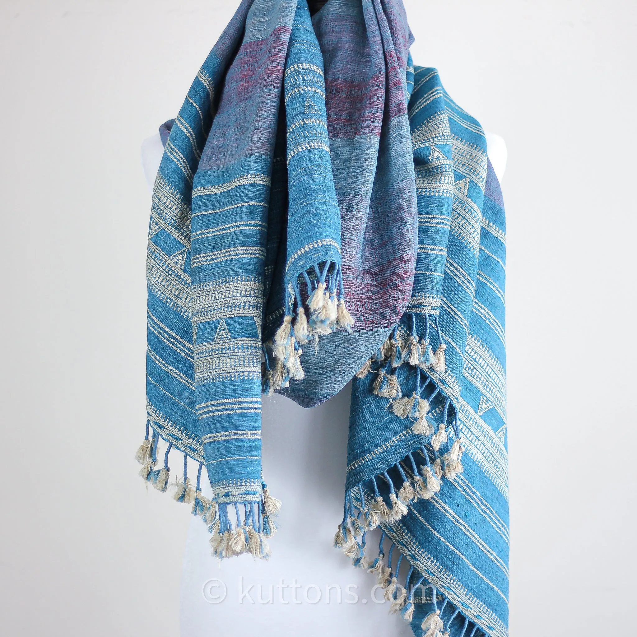 Handspun & Handwoven Tussar Silk & Merino Wool Shawl Wrap | Blue, Golden Brown, 37x83"