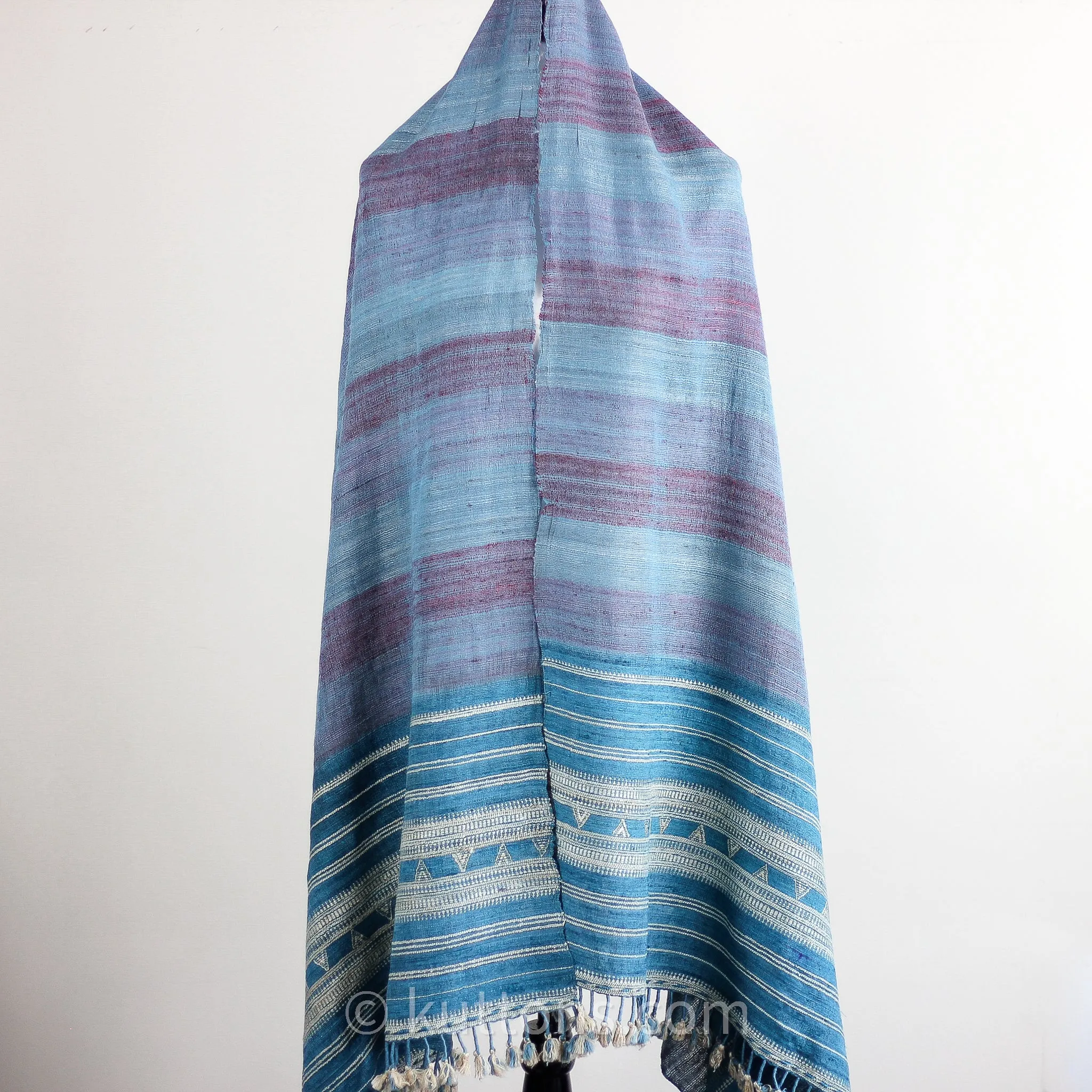 Handspun & Handwoven Tussar Silk & Merino Wool Shawl Wrap | Blue, Golden Brown, 37x83"