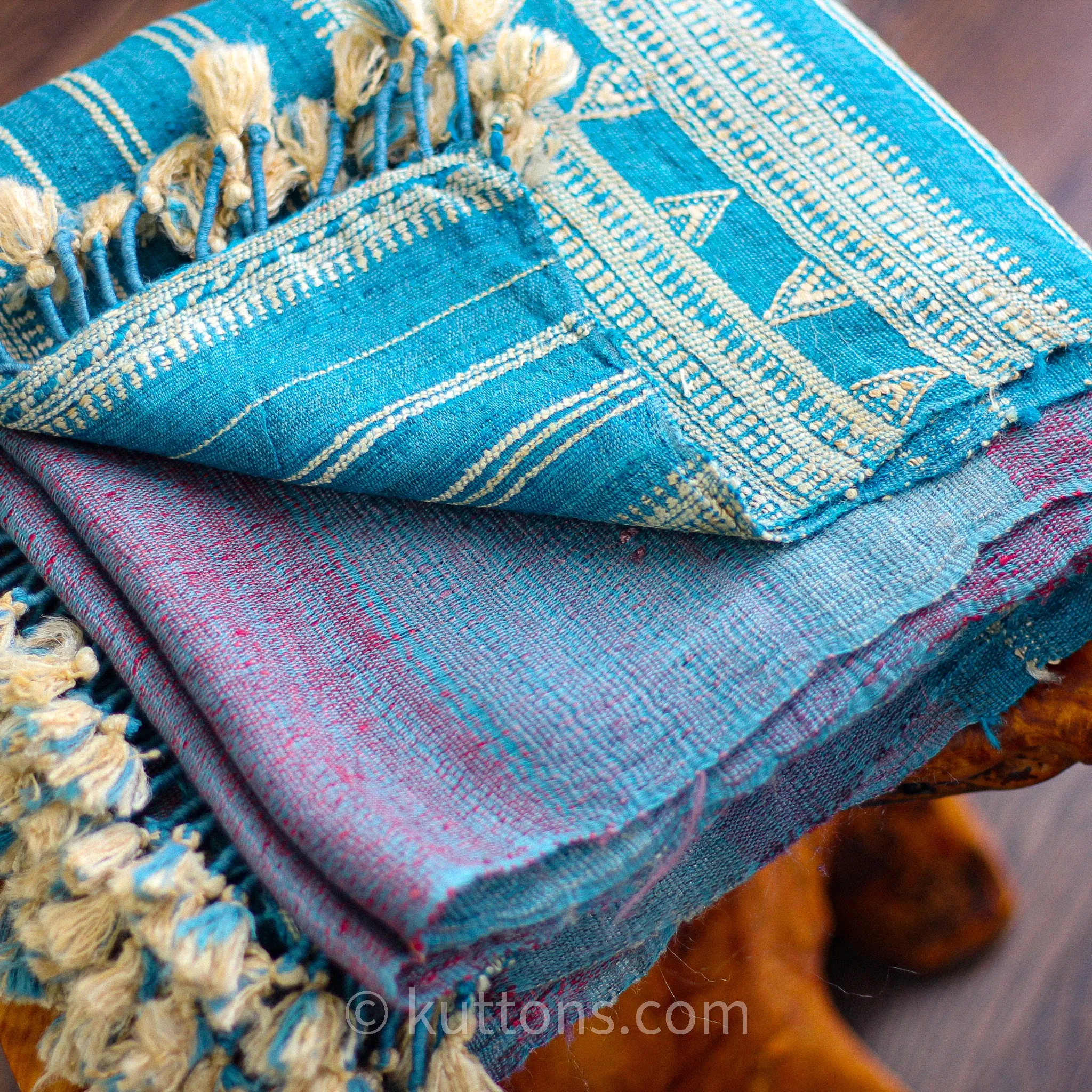 Handspun & Handwoven Tussar Silk & Merino Wool Shawl Wrap | Blue, Golden Brown, 37x83"