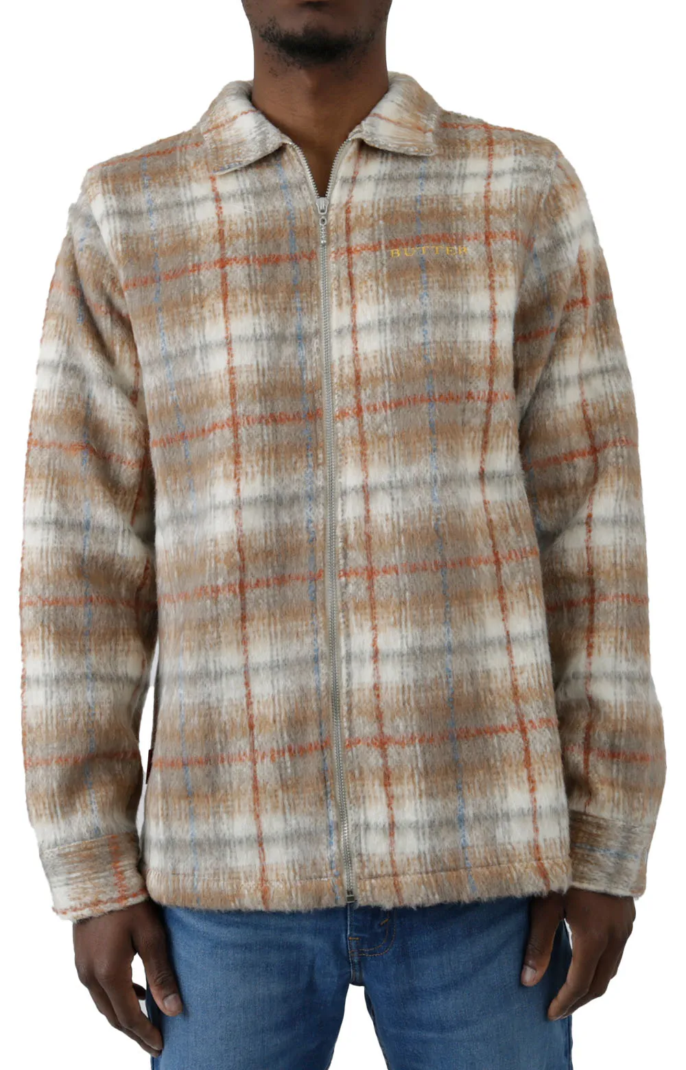 Heavyweight Furry Plaid Zip-Up Shirt - Bark/Stone