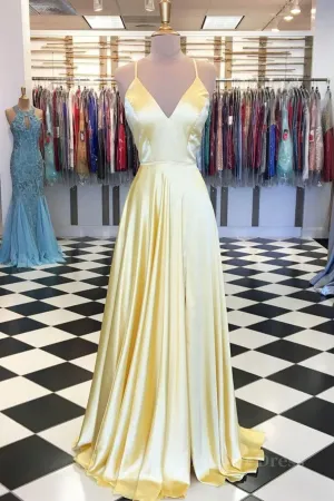 kamahe A Line V Neck Yellow Long Prom Dresses, Yellow Long Backless Formal Evening Dresses