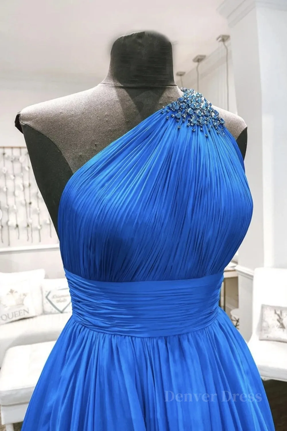 kamahe One Shoulder Backless Blue Chiffon Long Prom Dress, Beaded Blue Long Formal Evening Dress