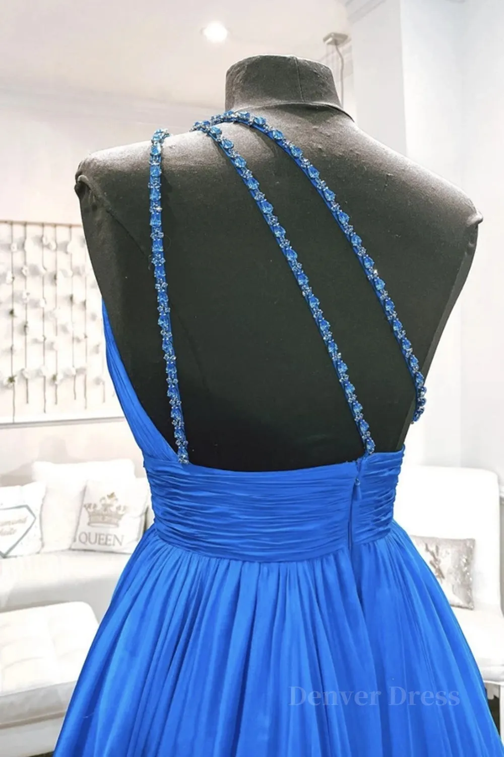 kamahe One Shoulder Backless Blue Chiffon Long Prom Dress, Beaded Blue Long Formal Evening Dress