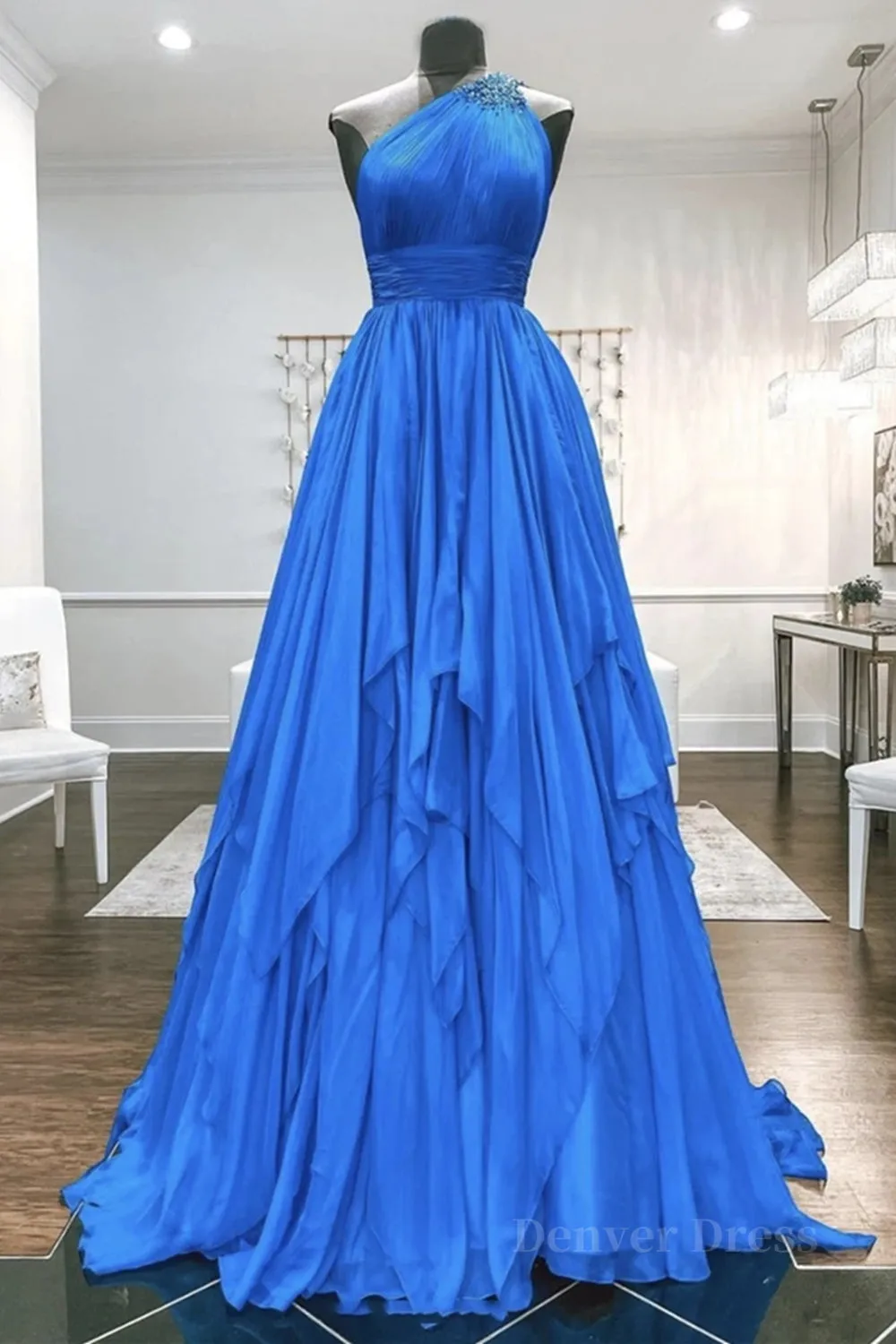 kamahe One Shoulder Backless Blue Chiffon Long Prom Dress, Beaded Blue Long Formal Evening Dress