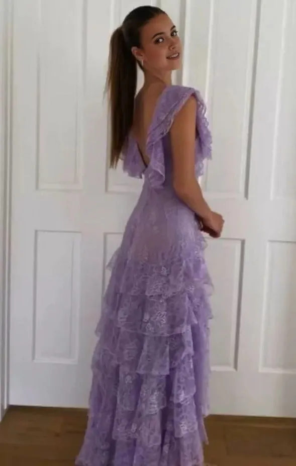 kamahe Purple Lace Long Prom Dress Backless Evening Dress Stunning Maxi Dress