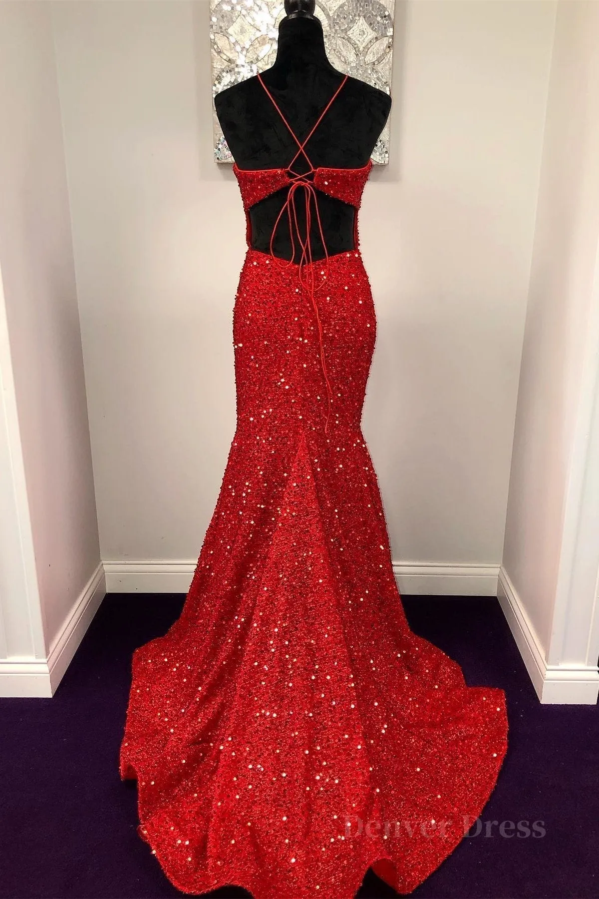 kamahe Shiny Sequins Backless Mermaid Red Long Prom Dresses, Mermaid Red Formal Dresses, Backless Red Evening Dresses