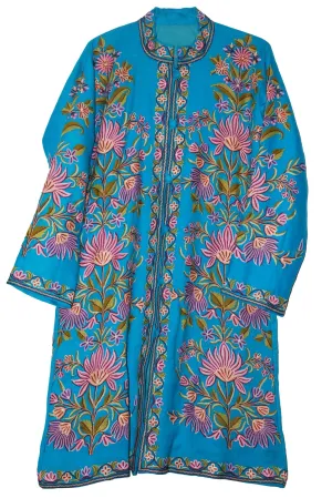 Kashmiri Woolen Coat Sky Blue, Purple Embroidery #AO-1131