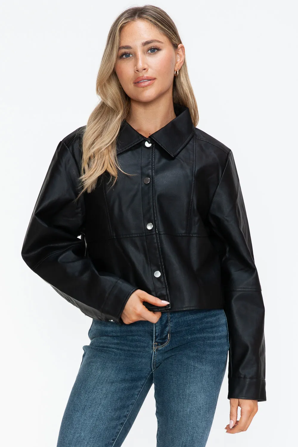 kesley Snobbish Snap Down Long Sleeve PU Leather Jacket