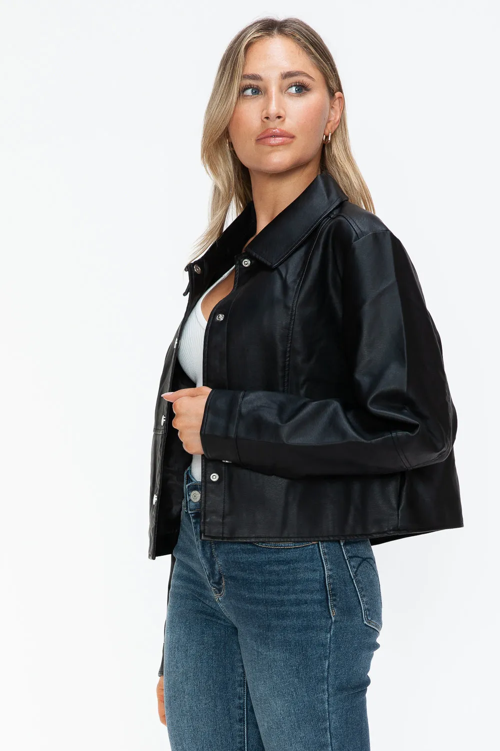 kesley Snobbish Snap Down Long Sleeve PU Leather Jacket