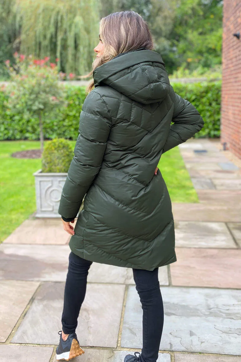 KHAKI HOODED PUFFER COAT WITH 2 ZIP FRONT POCKETS