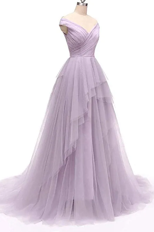 Lilac Tulle Backless A-Line Prom Gown Evening Dress