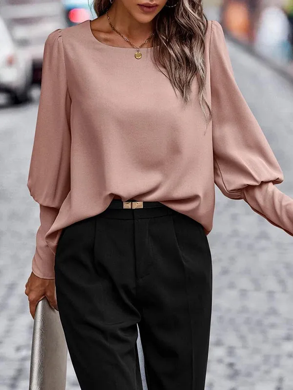 Long Sleeves Loose Buttoned Round-Neck Blouses&Shirts Tops