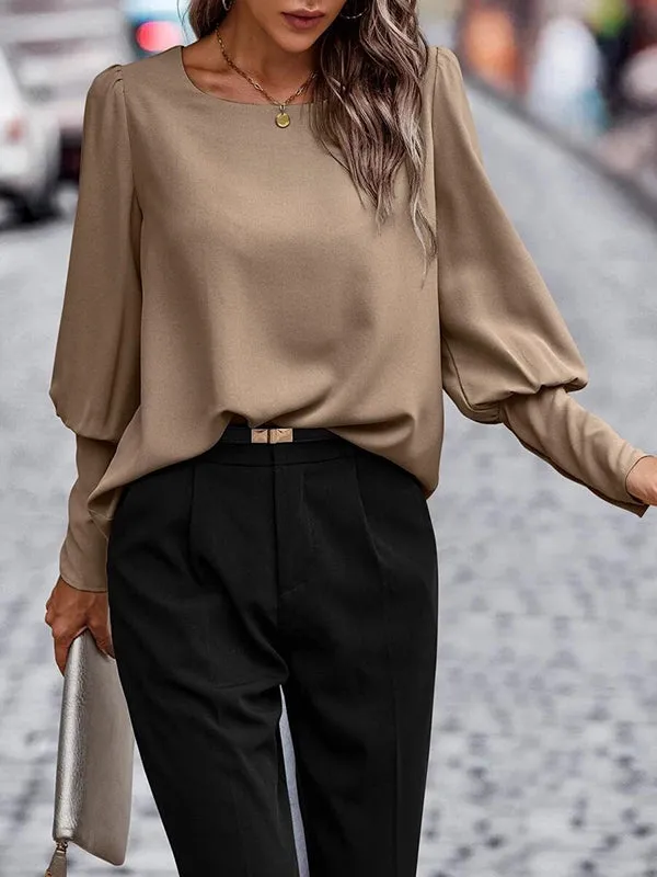 Long Sleeves Loose Buttoned Round-Neck Blouses&Shirts Tops