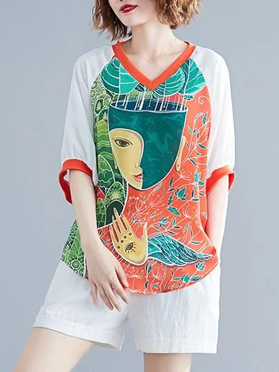 Loose Cartoon Printed V-Neck T-Shirts