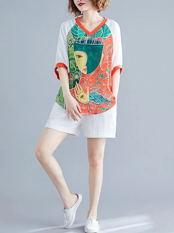 Loose Cartoon Printed V-Neck T-Shirts