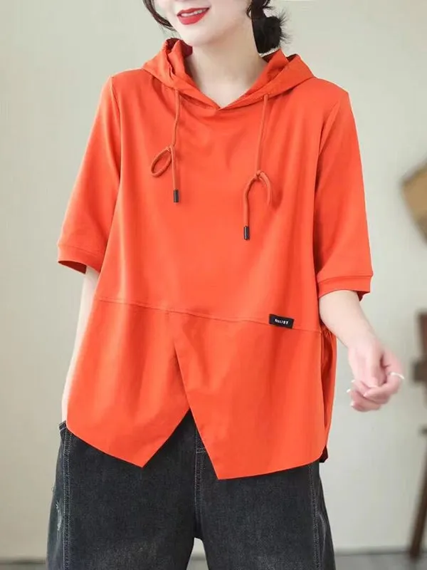 Loose Short Sleeves Drawstring Split-Joint Hooded T-Shirts