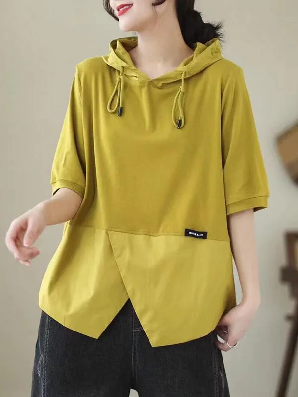 Loose Short Sleeves Drawstring Split-Joint Hooded T-Shirts