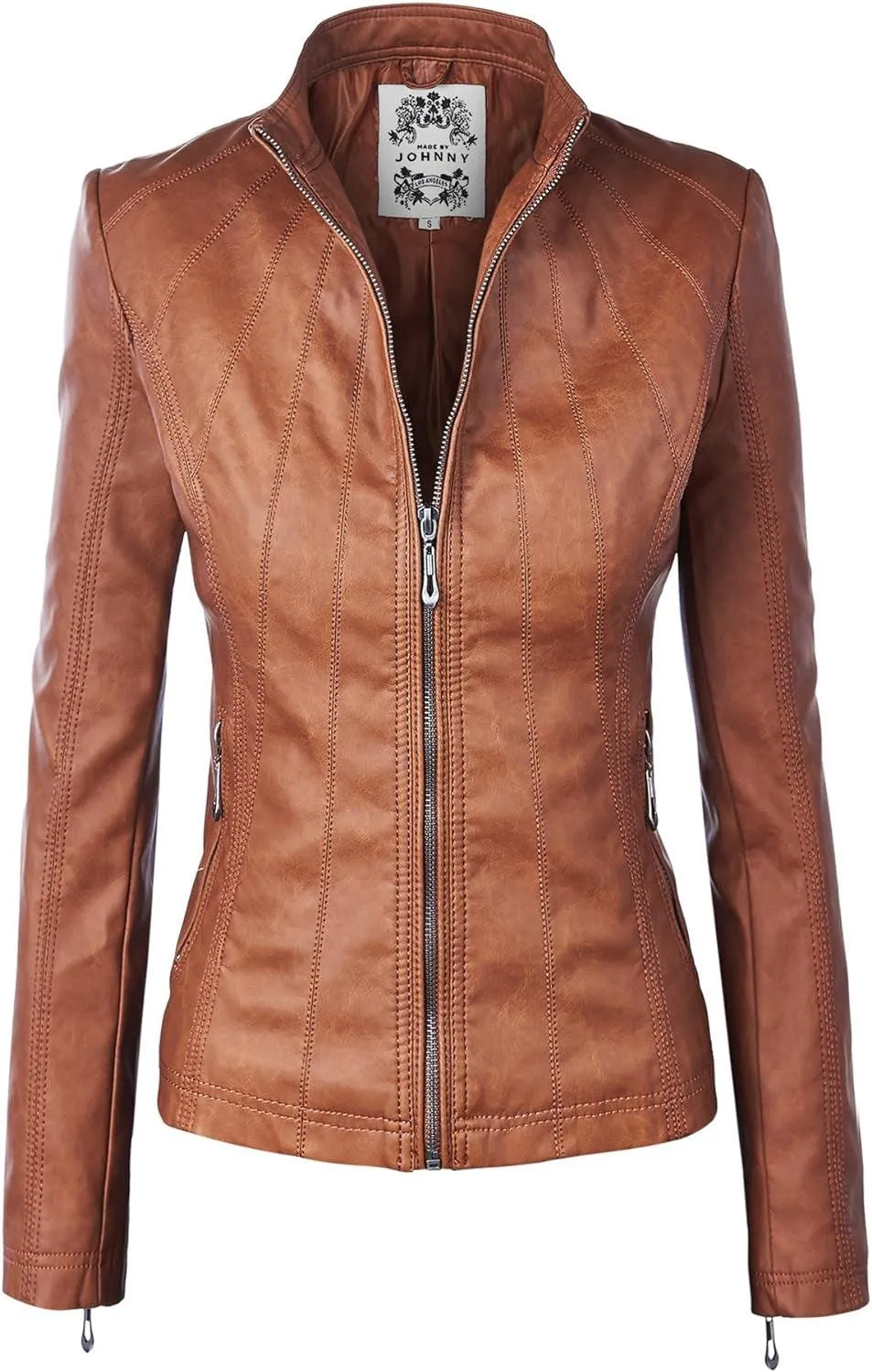 MBJ Womens Faux Leather Zip up Moto Biker Jacket with Stitching Detail