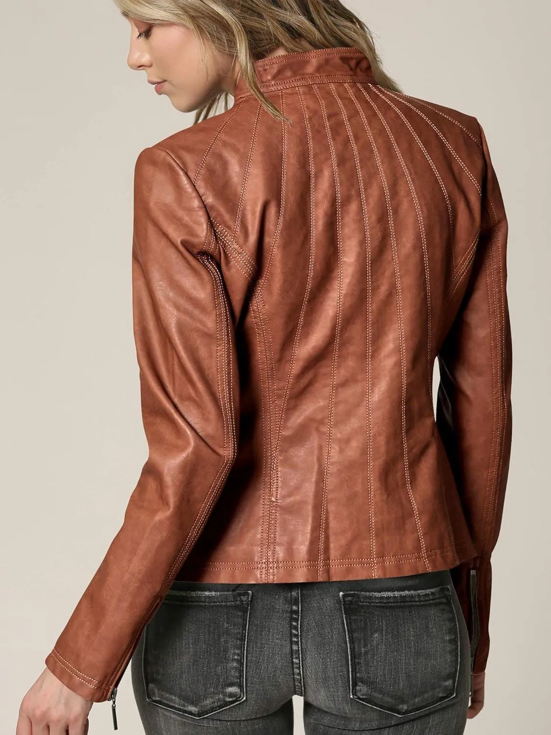 MBJ Womens Faux Leather Zip up Moto Biker Jacket with Stitching Detail