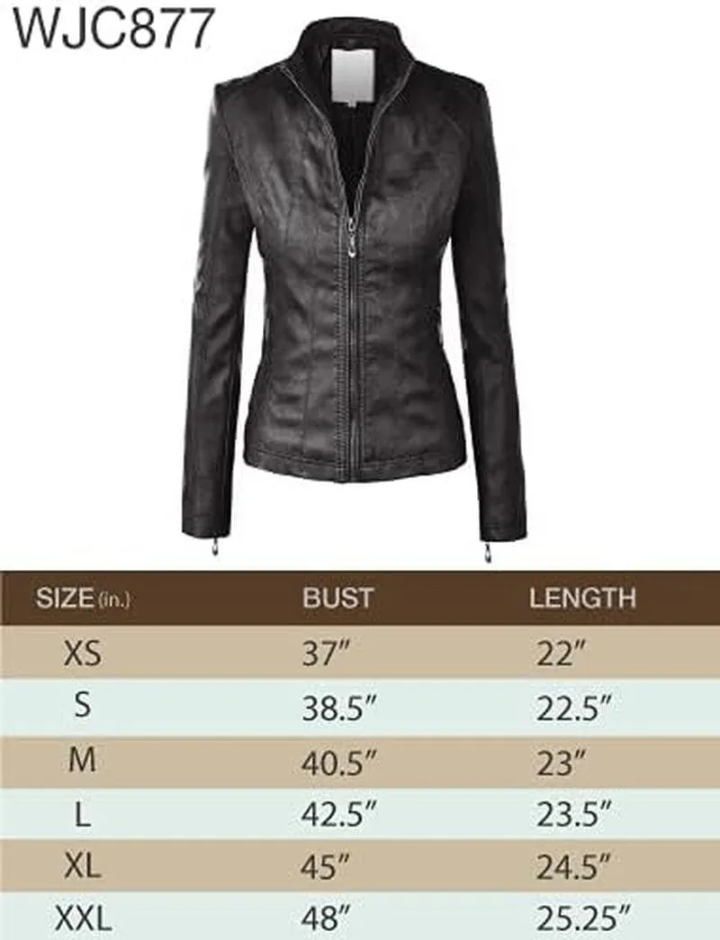 MBJ Womens Faux Leather Zip up Moto Biker Jacket with Stitching Detail