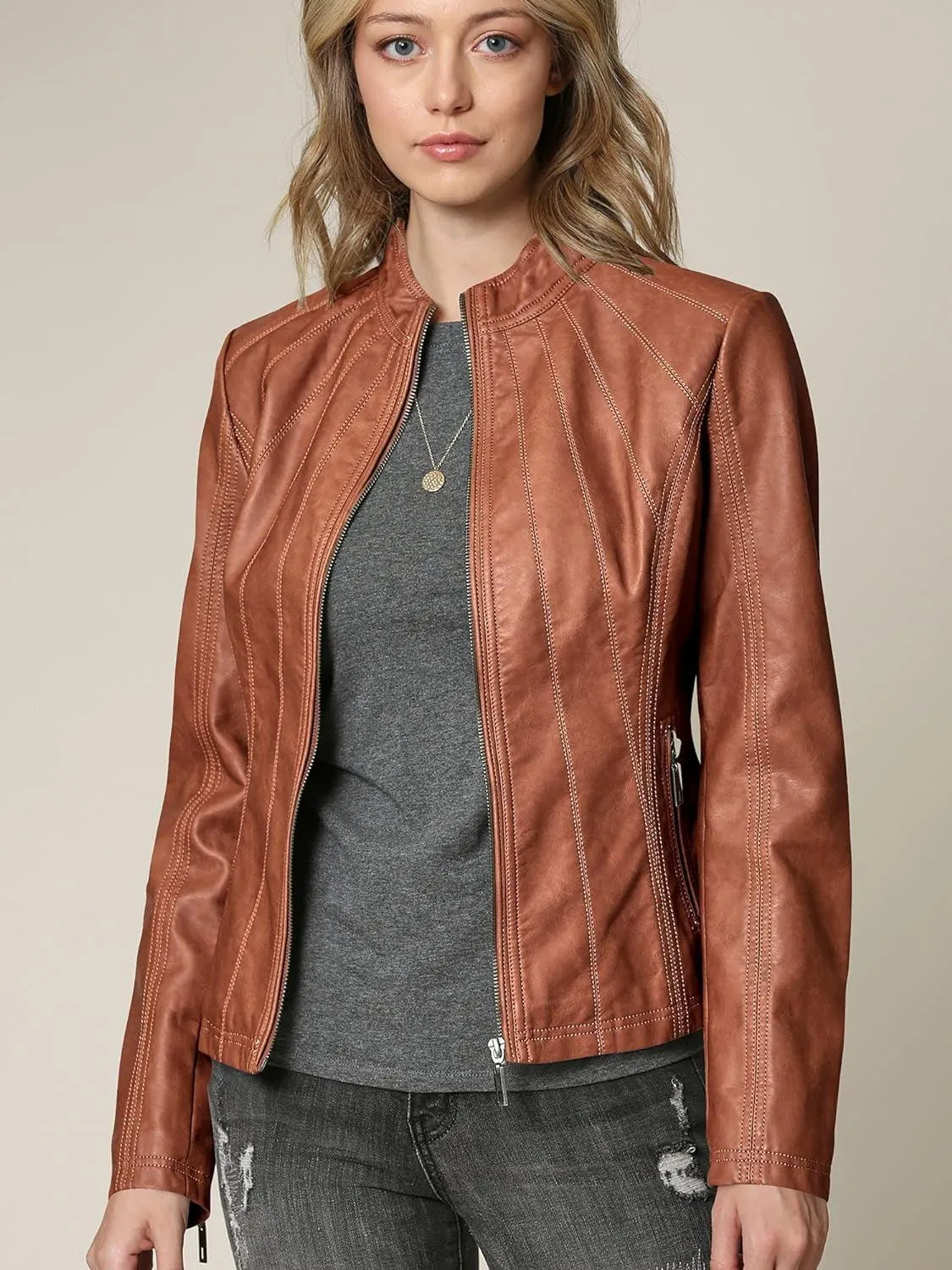 MBJ Womens Faux Leather Zip up Moto Biker Jacket with Stitching Detail