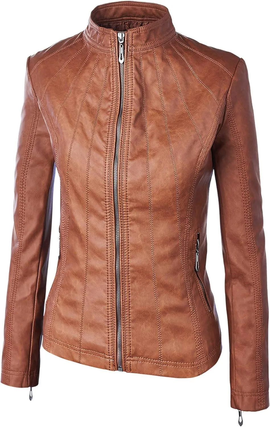 MBJ Womens Faux Leather Zip up Moto Biker Jacket with Stitching Detail