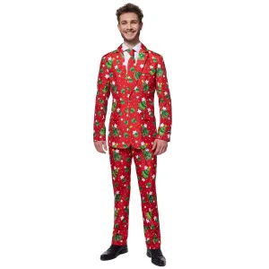 Men's Suitmeister Christmas Trees and Stars Slim Fit Suit, Red