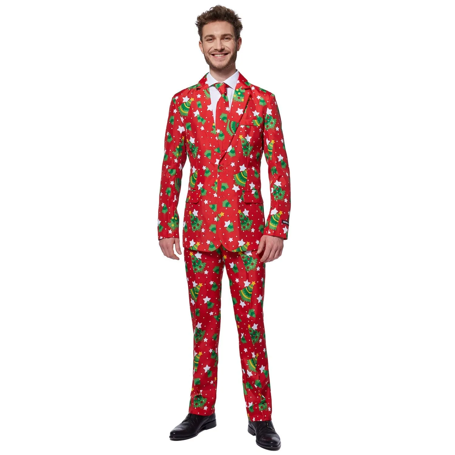 Men's Suitmeister Christmas Trees and Stars Slim Fit Suit, Red