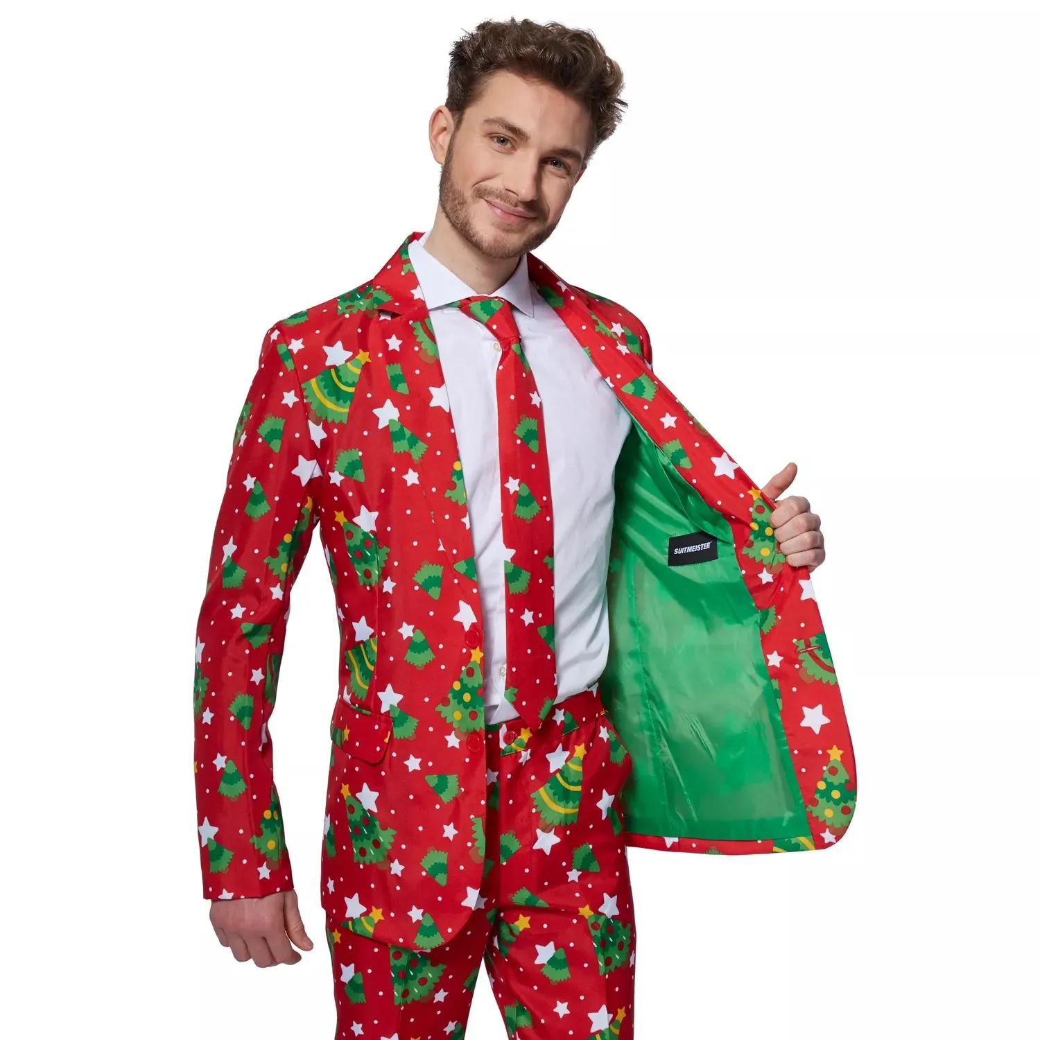 Men's Suitmeister Christmas Trees and Stars Slim Fit Suit, Red