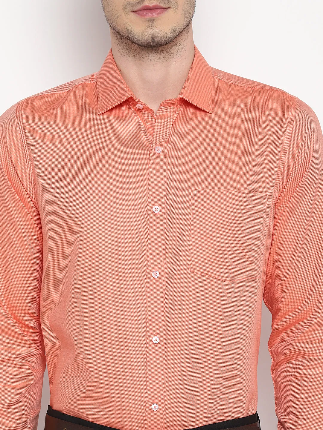 Orange Cotton Self Design Slim Fit Shirt