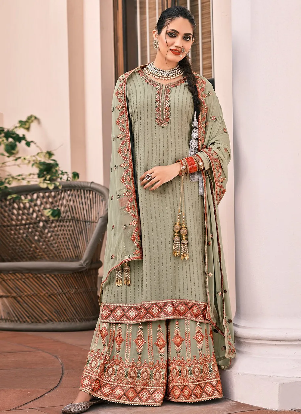 Pakistani Style Mahendi Green Embroidered Suit with Palazzo