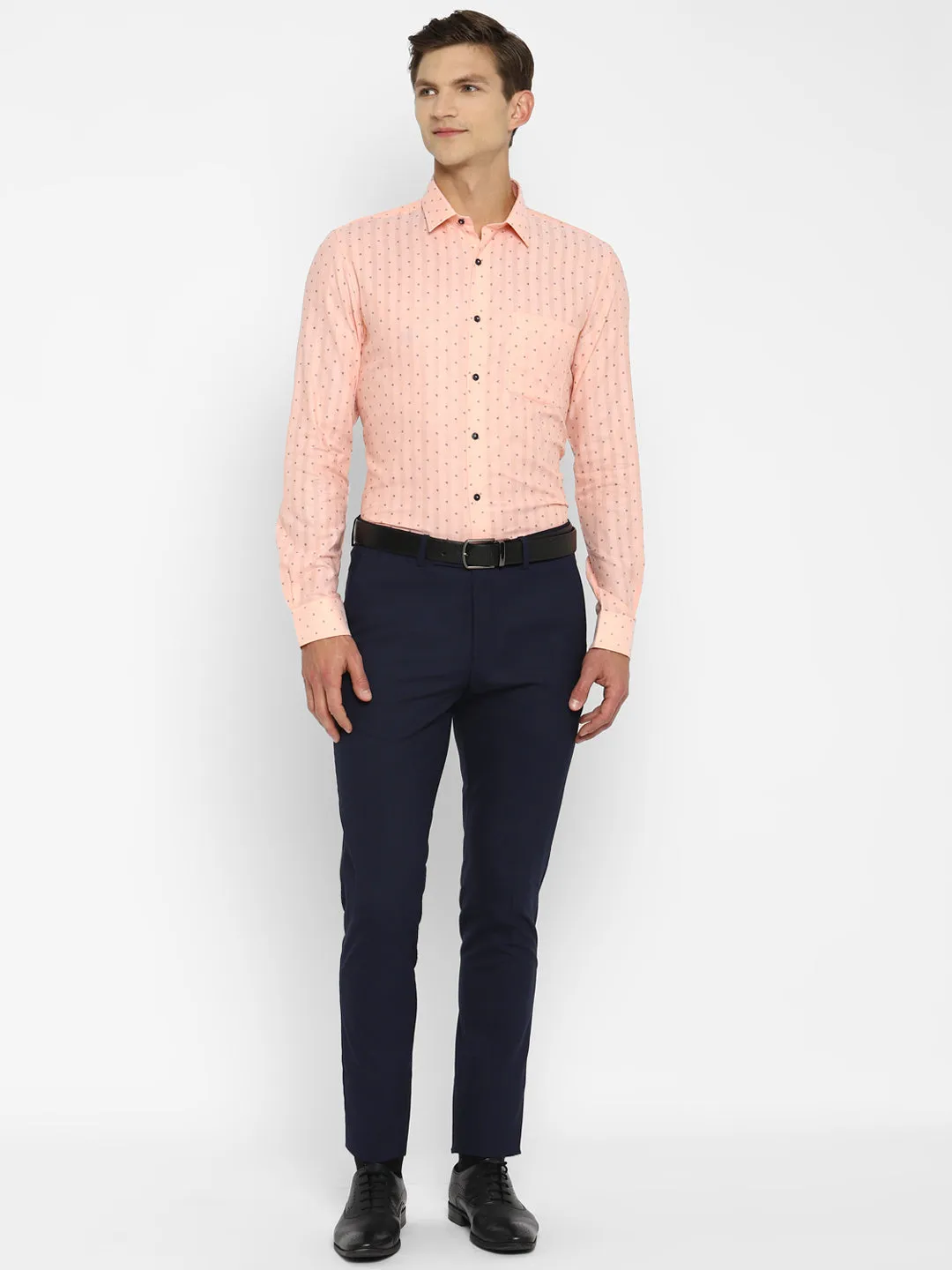 Peach Cotton Printed Slim Fit Shirts