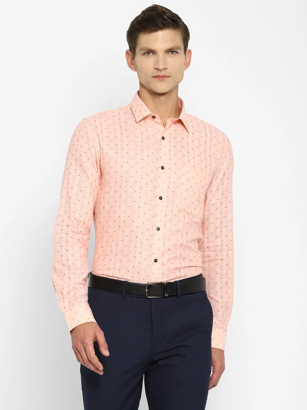 Peach Cotton Printed Slim Fit Shirts