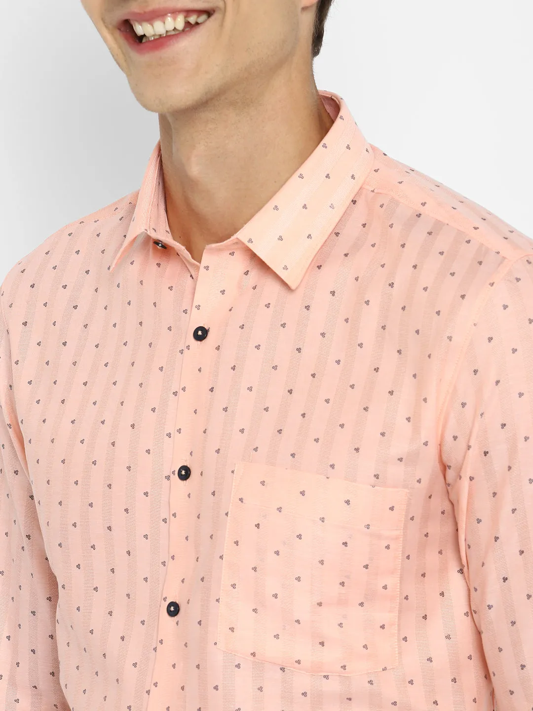 Peach Cotton Printed Slim Fit Shirts