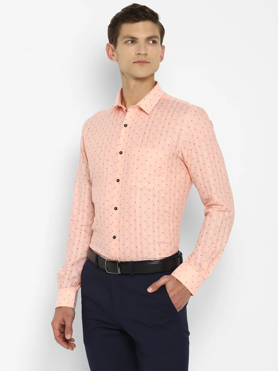 Peach Cotton Printed Slim Fit Shirts