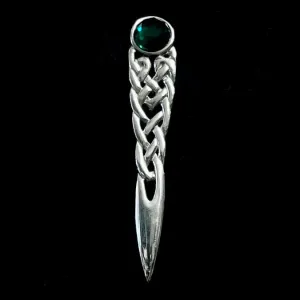 Pewter Celtic Knot Kilt Pin - Green Stone