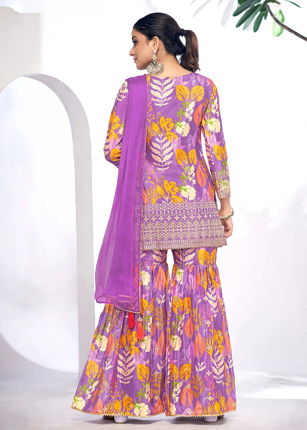 Purple Embroidered & Printed Festive Gharara Suit