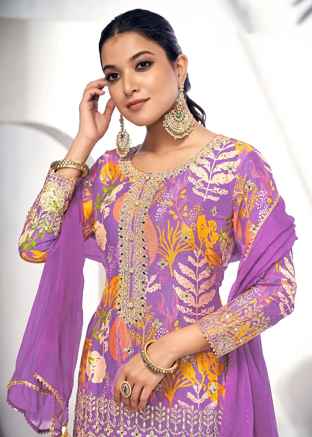 Purple Embroidered & Printed Festive Gharara Suit