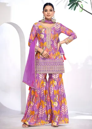 Purple Embroidered & Printed Festive Gharara Suit