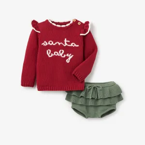 Red Santa Baby Ruffle Sleeve Sweater & Bloomer Set