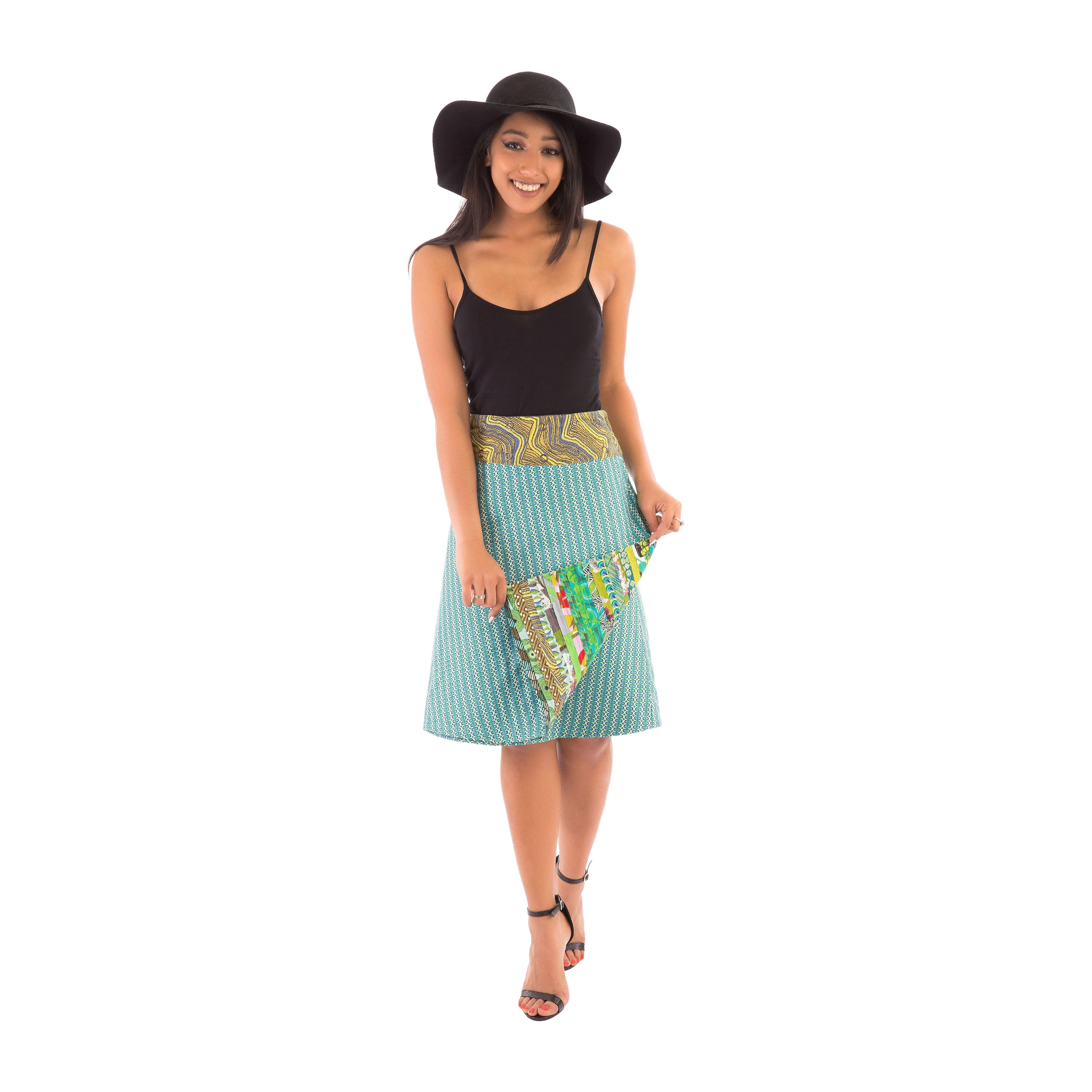 Reversible Cotton Skirt Green Patch with Green Blue Print and Denim Belt