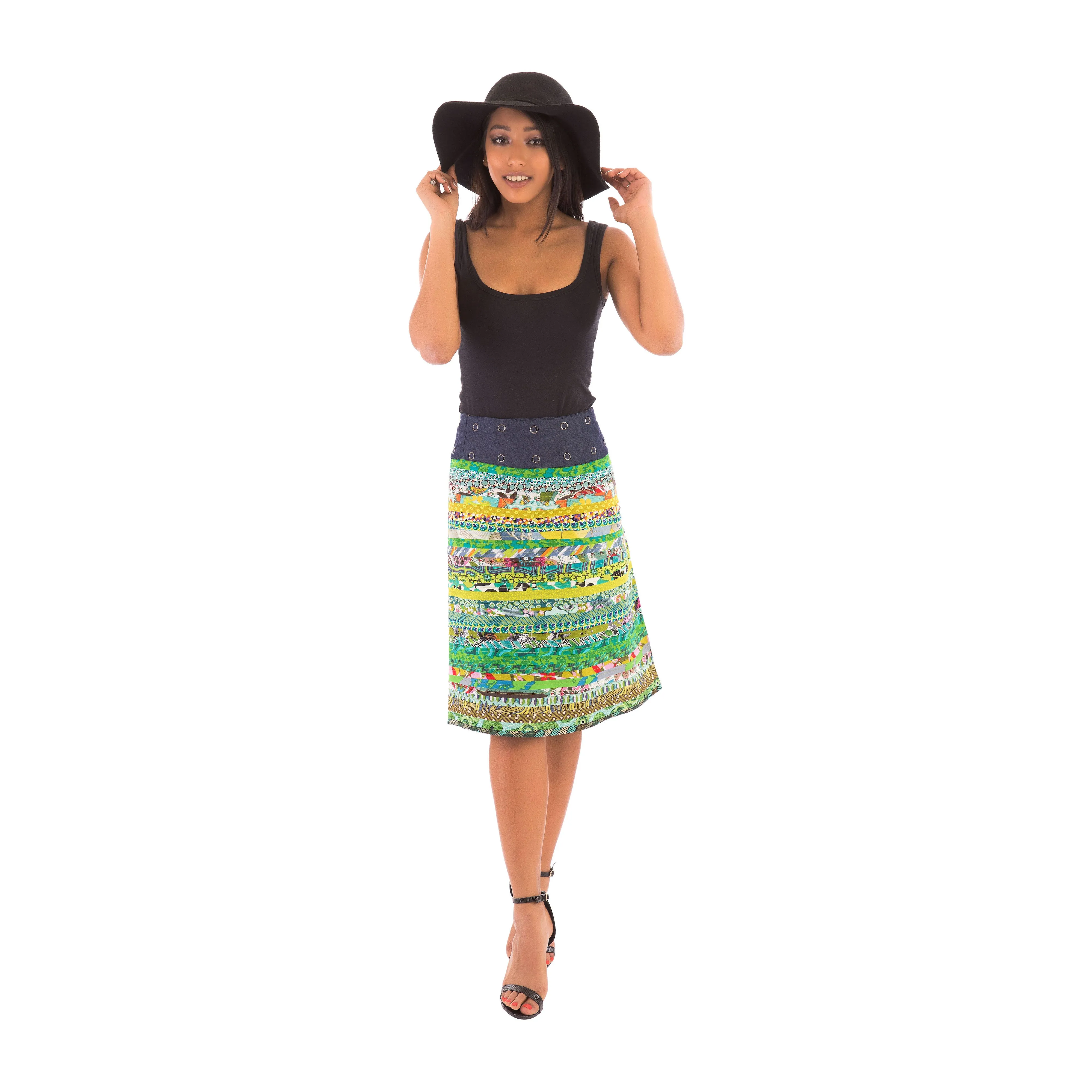 Reversible Cotton Skirt Green Patch with Green Blue Print and Denim Belt