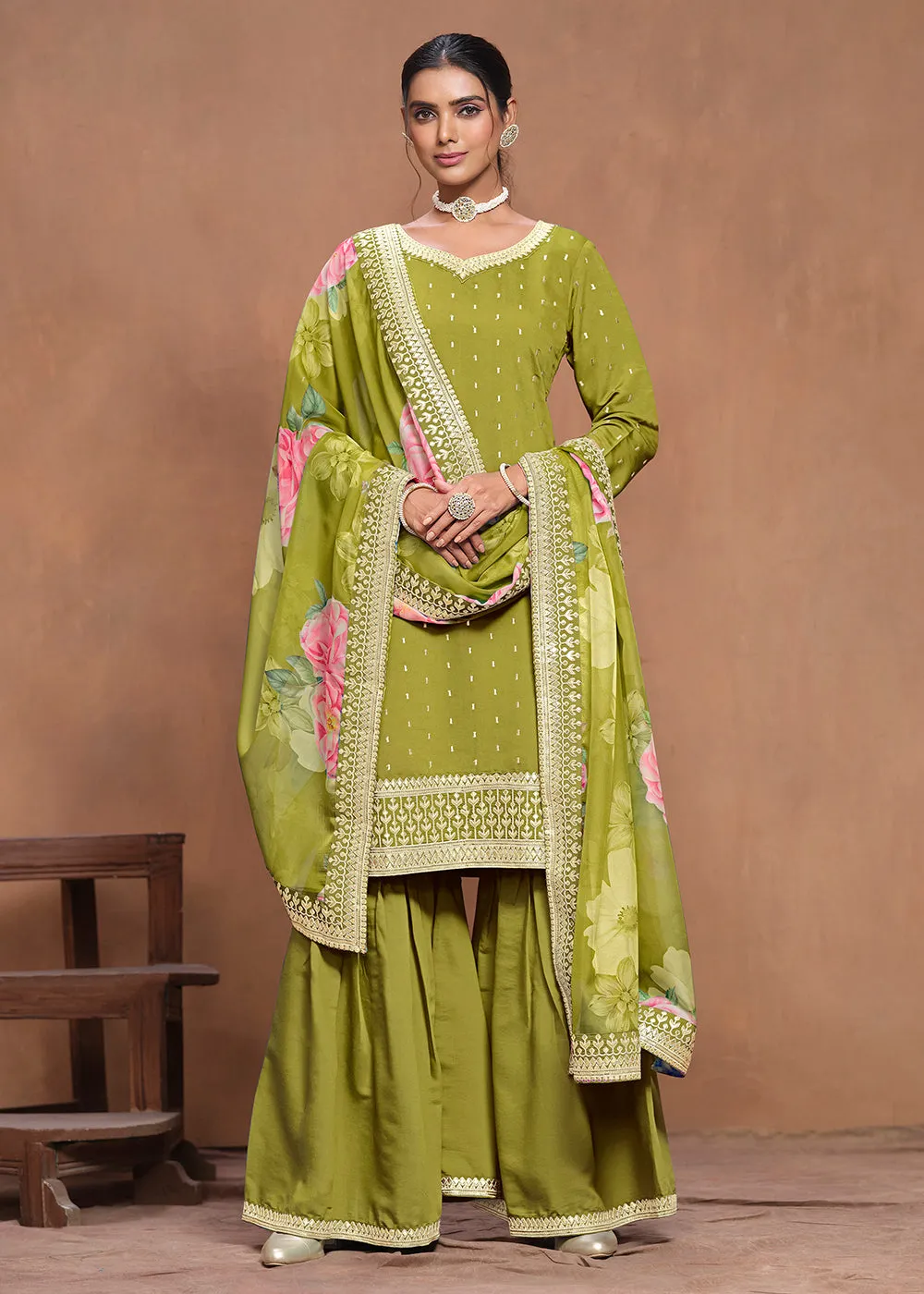 Roman Silk Green Embroidered Festive Gharara Suit