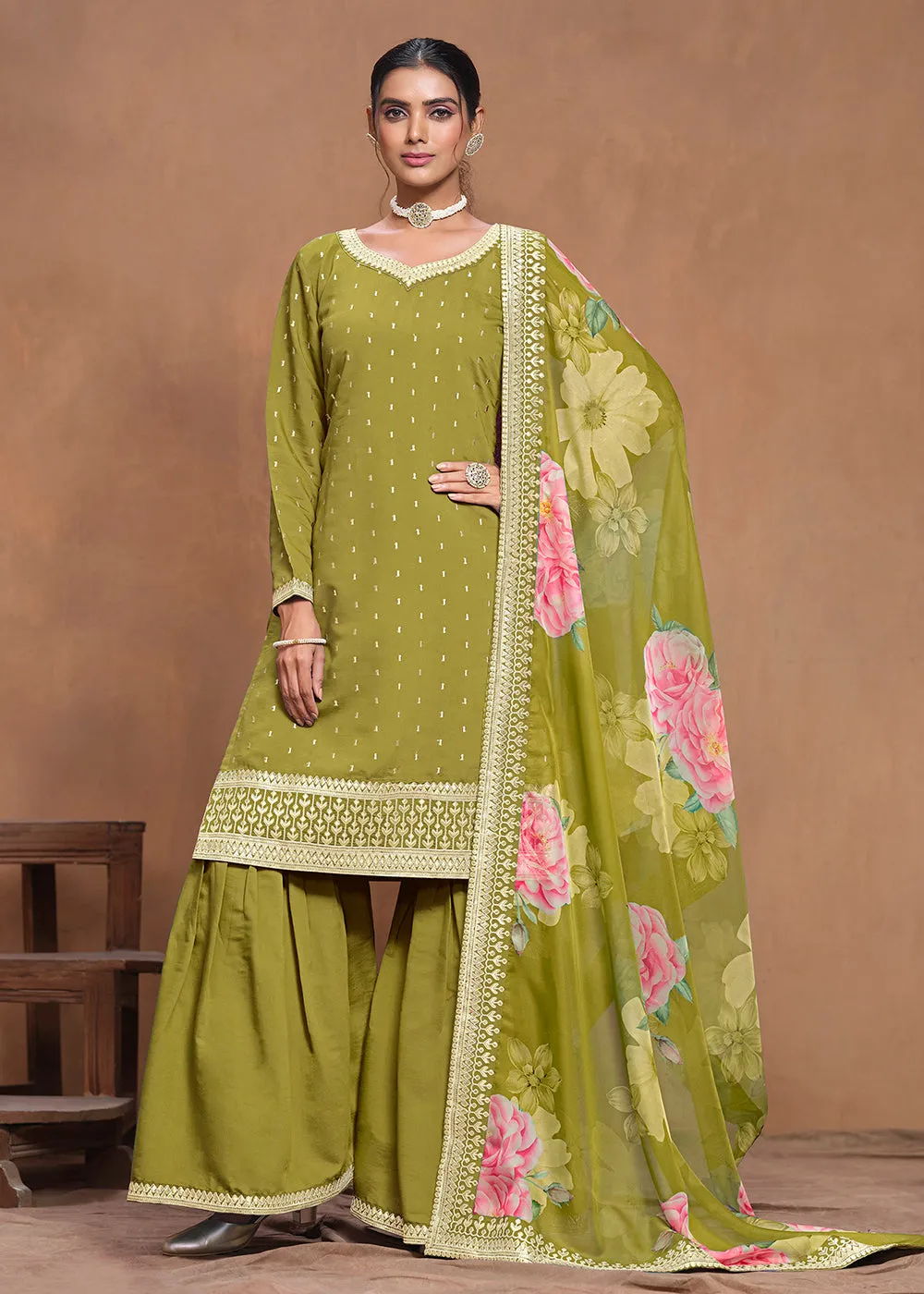 Roman Silk Green Embroidered Festive Gharara Suit