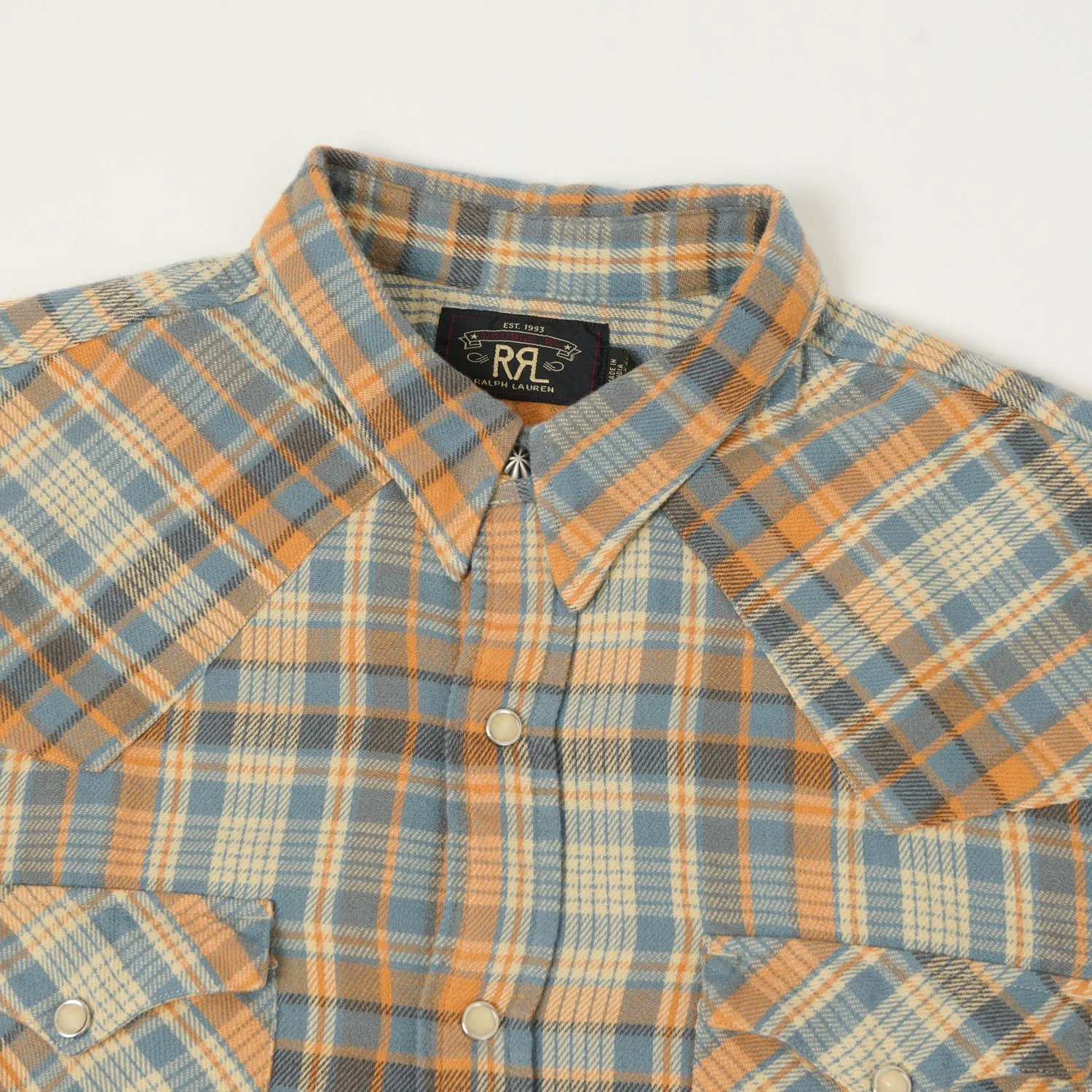 RRL Slim Fit Plaid Twill Western Shirt - Blue/Orange