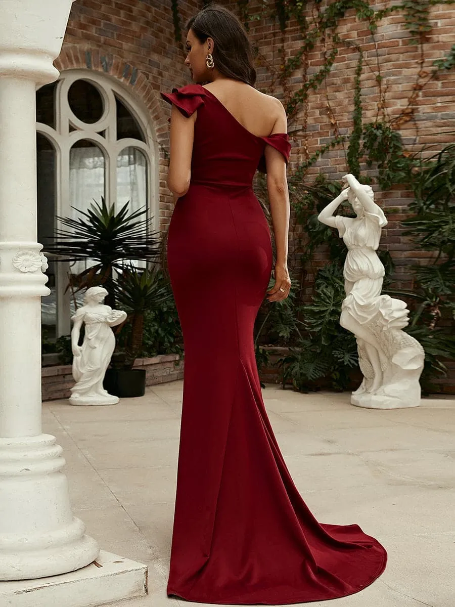 Ruffle Neck Floor Length Red Mermaid Prom Dress M02124