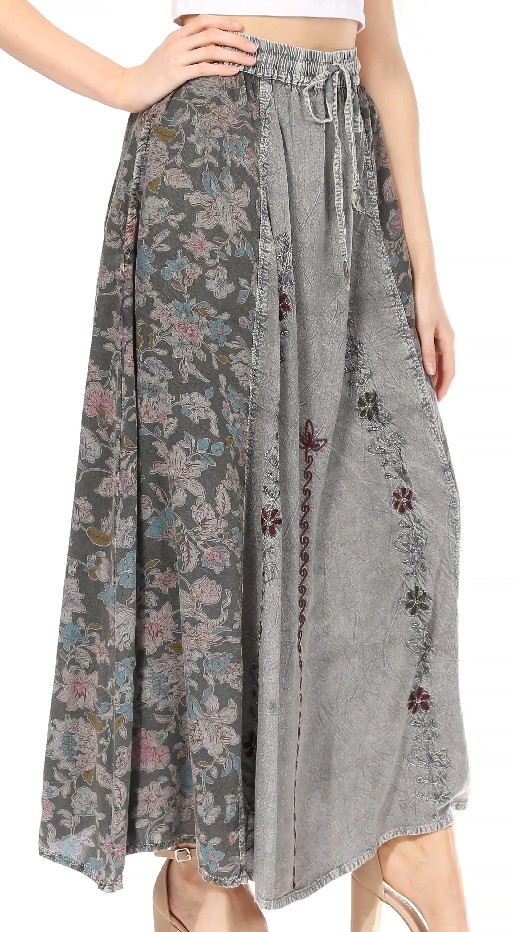 Sakkas Maran Women's Boho Embroidery Skirt with Lace Elastic Waist and Pockets