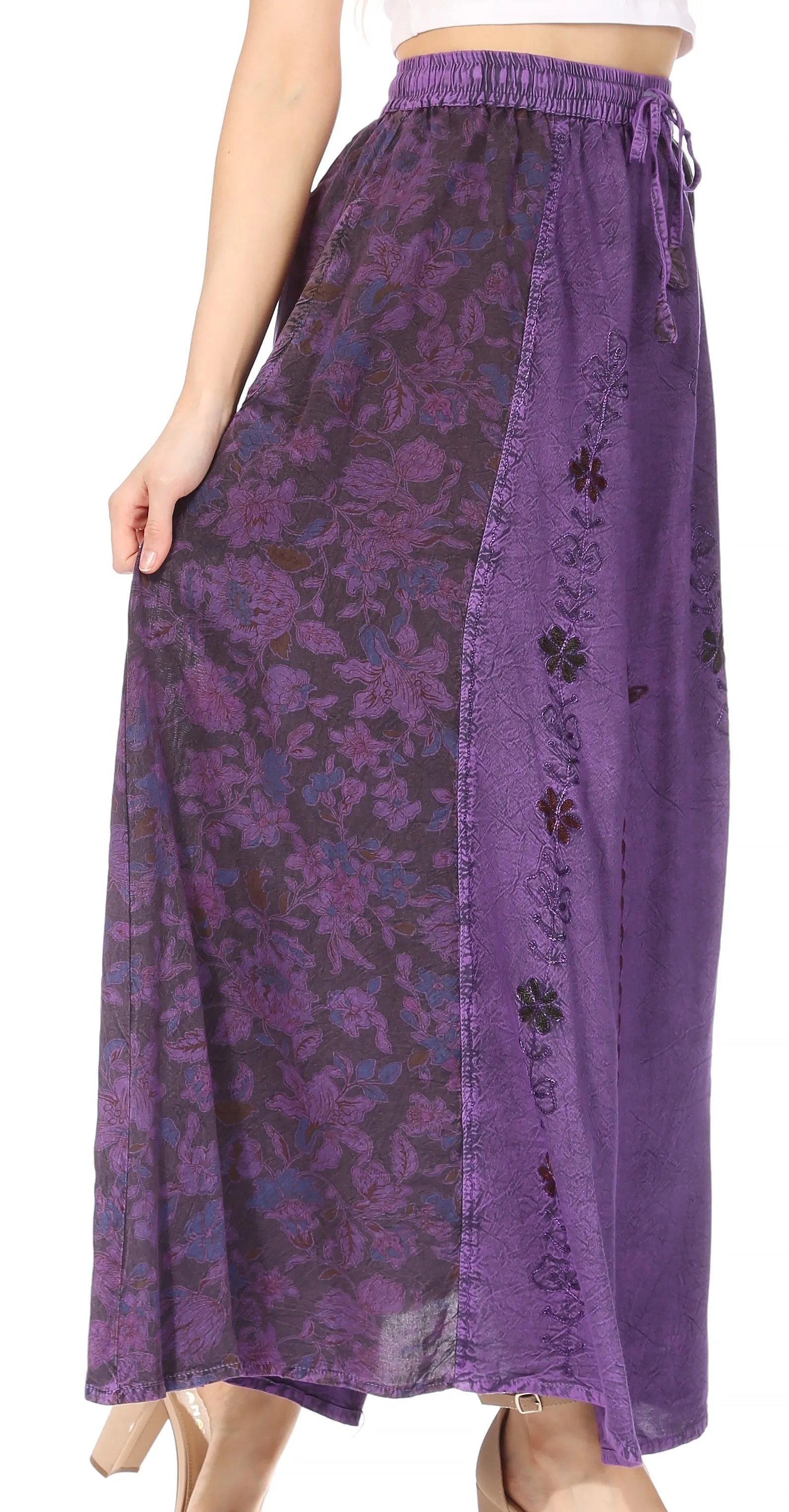 Sakkas Maran Women's Boho Embroidery Skirt with Lace Elastic Waist and Pockets